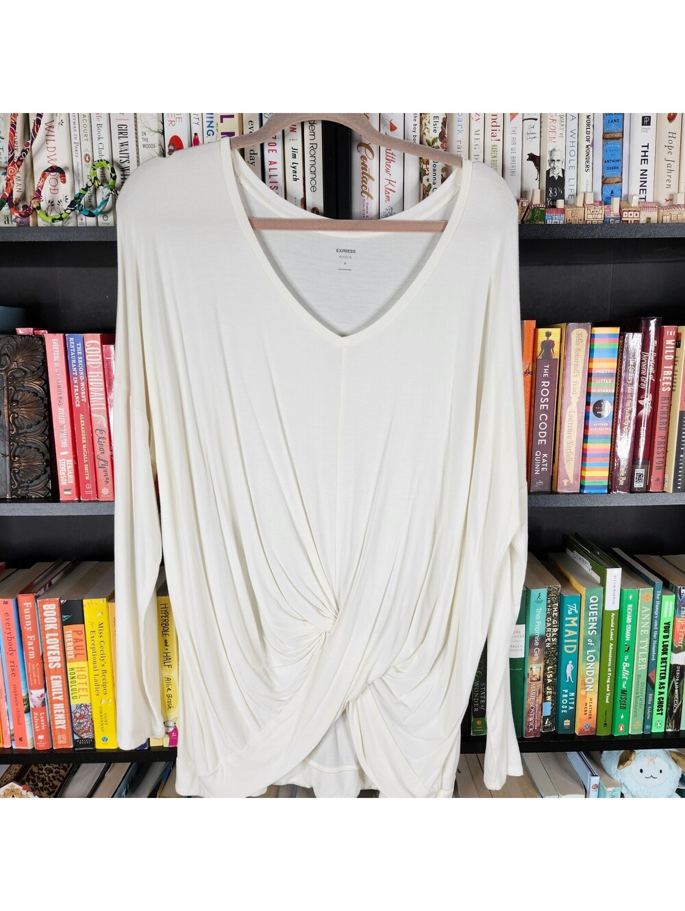 Express Relaxed Tee XL Ivory Twist Front Draped Long Sleeve Knit Top